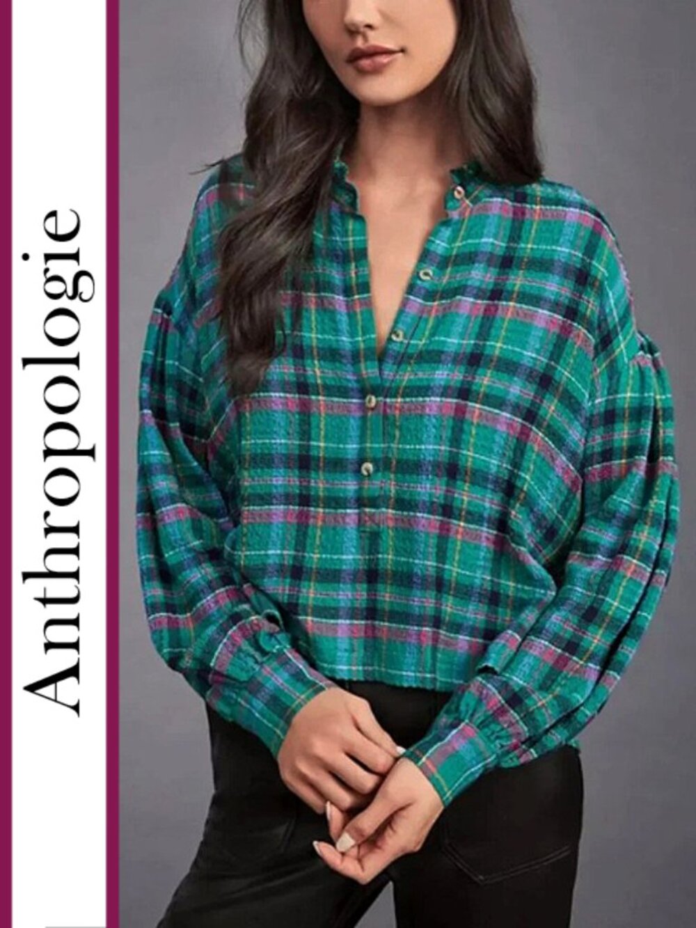 Anthropologie/Pilcro | Plaid Cropped Puffed Sleeve Blouse Top